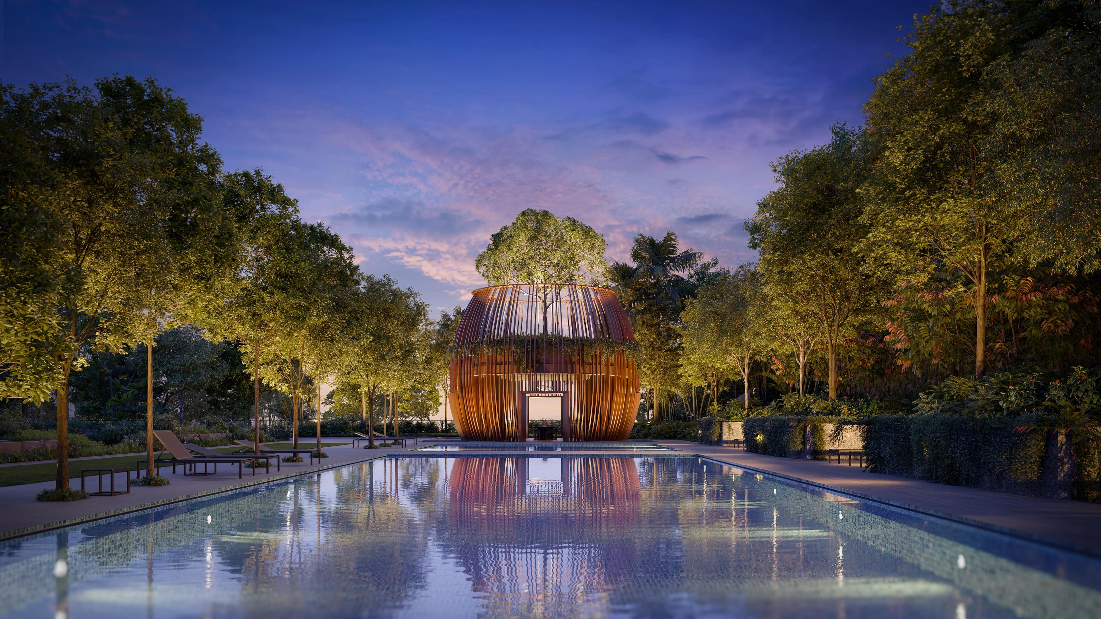Springleaf Residence pool area with signature pavilion at dusk