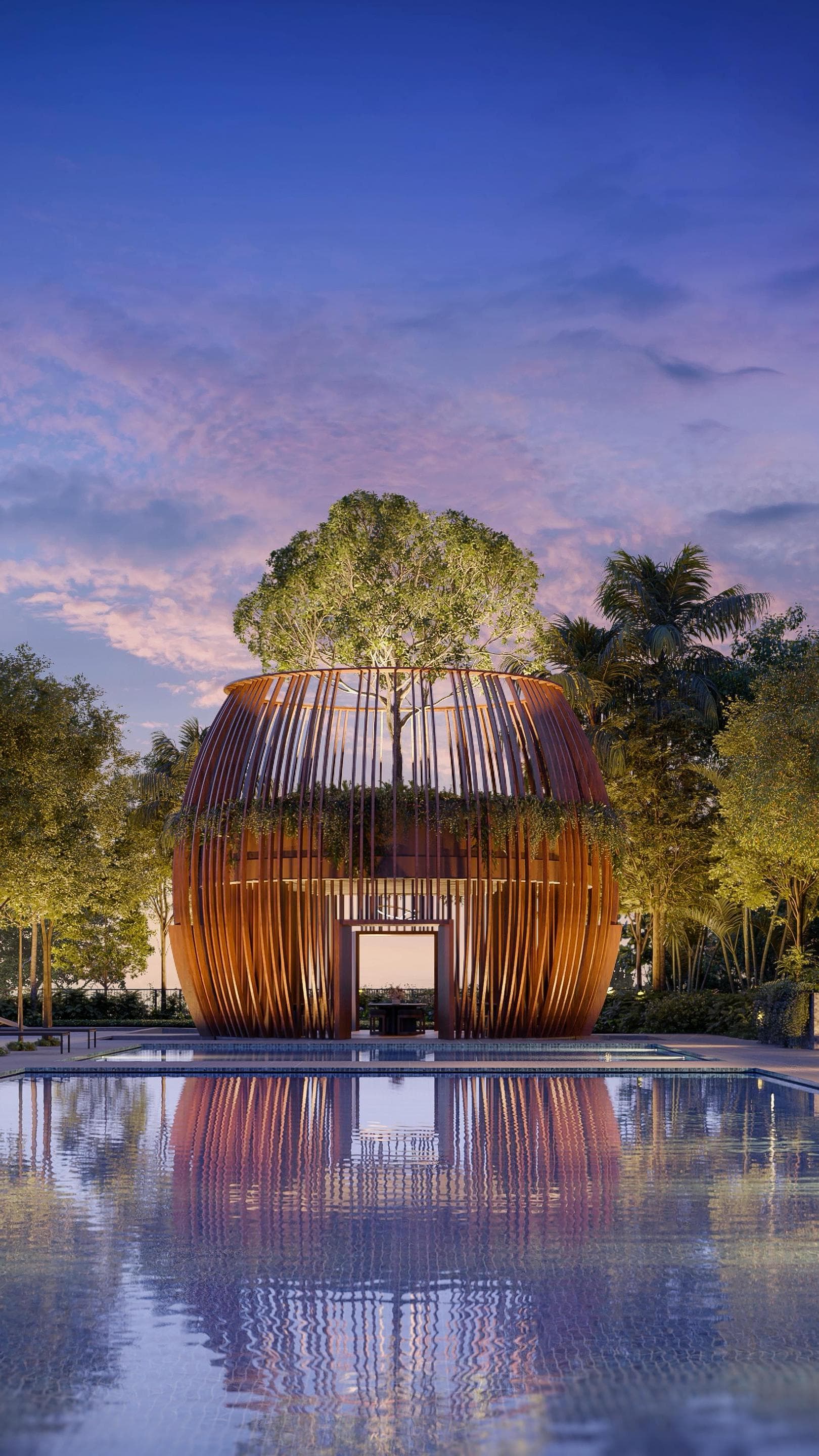 Springleaf Residence pool area with signature pavilion at dusk